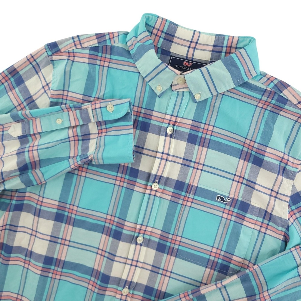 Vineyard Vines Slim Fit Tucker Shirt Mens L Blue Plaid Long Sleeve Button Down